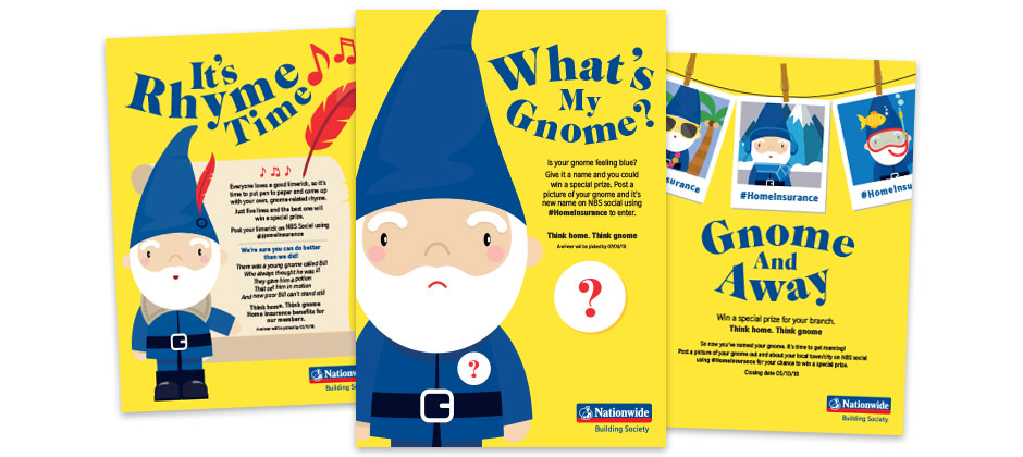 Nationwide home insurance fun viral employee campaign with gnome images. It's rhyme time, what's my gnome, gnome and away