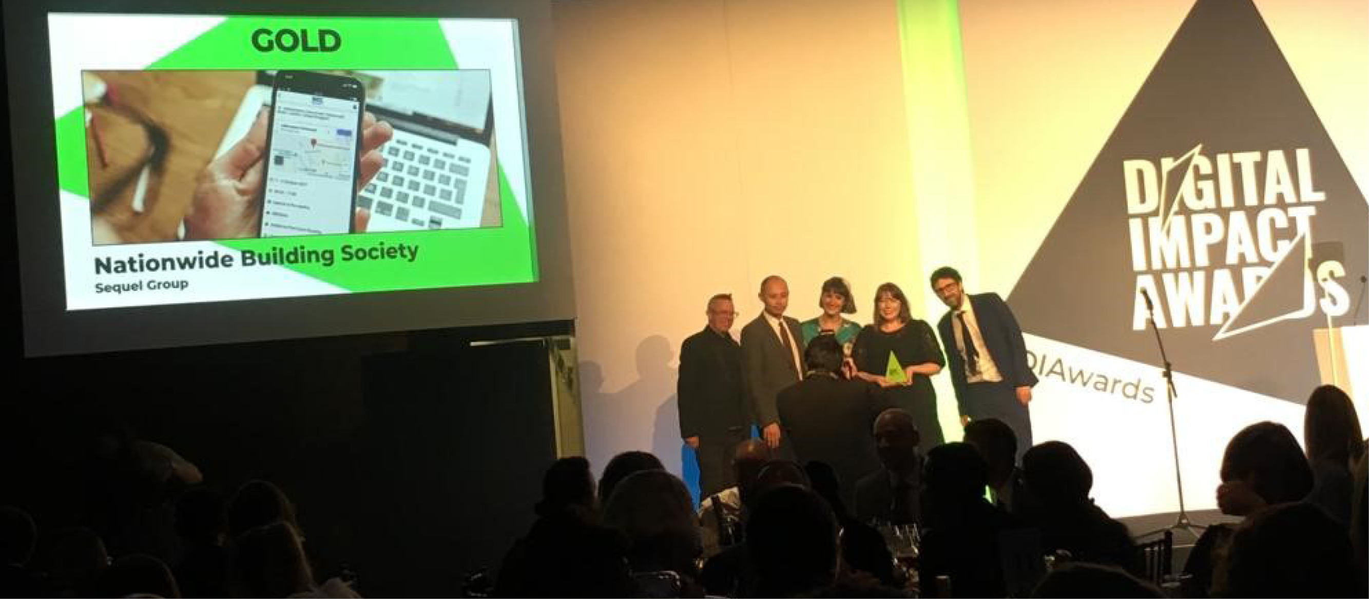 Sequel Group and Nationwide Building Society teams collecting the award for best employee engagement app on stage