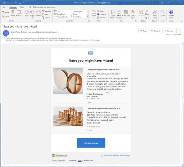 An  email example of News you might have missed from SharePoint